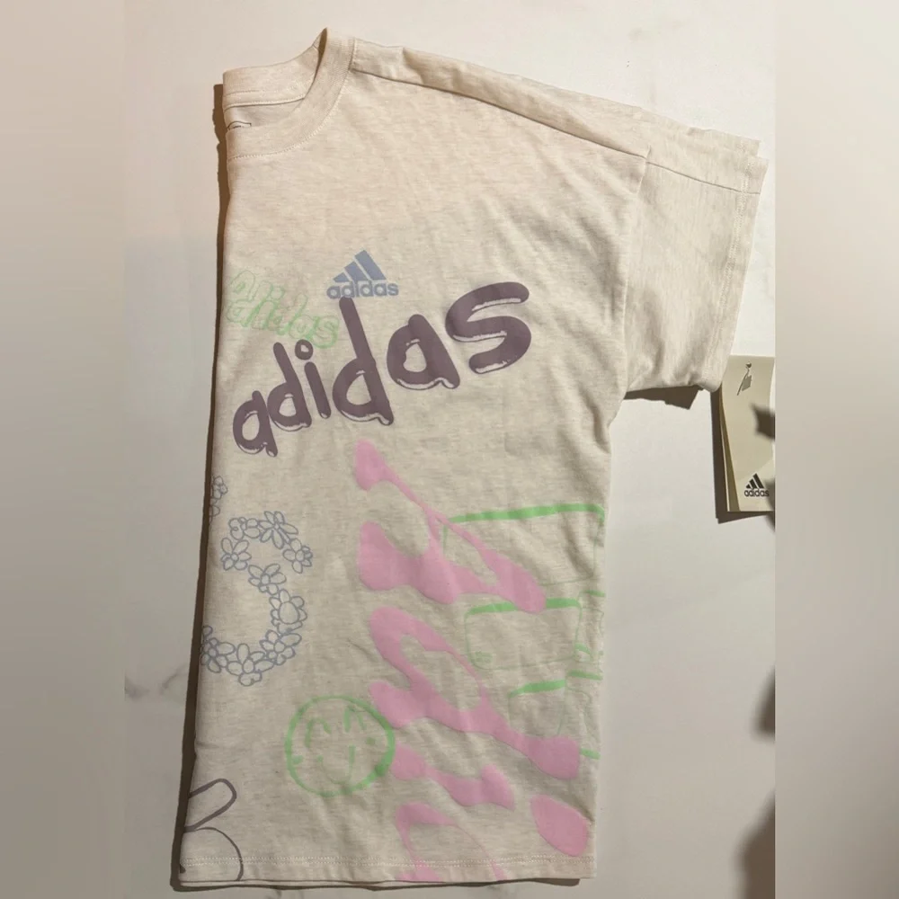 adidas Cream Short-Sleeve Graphic Tee with Pastel Accents